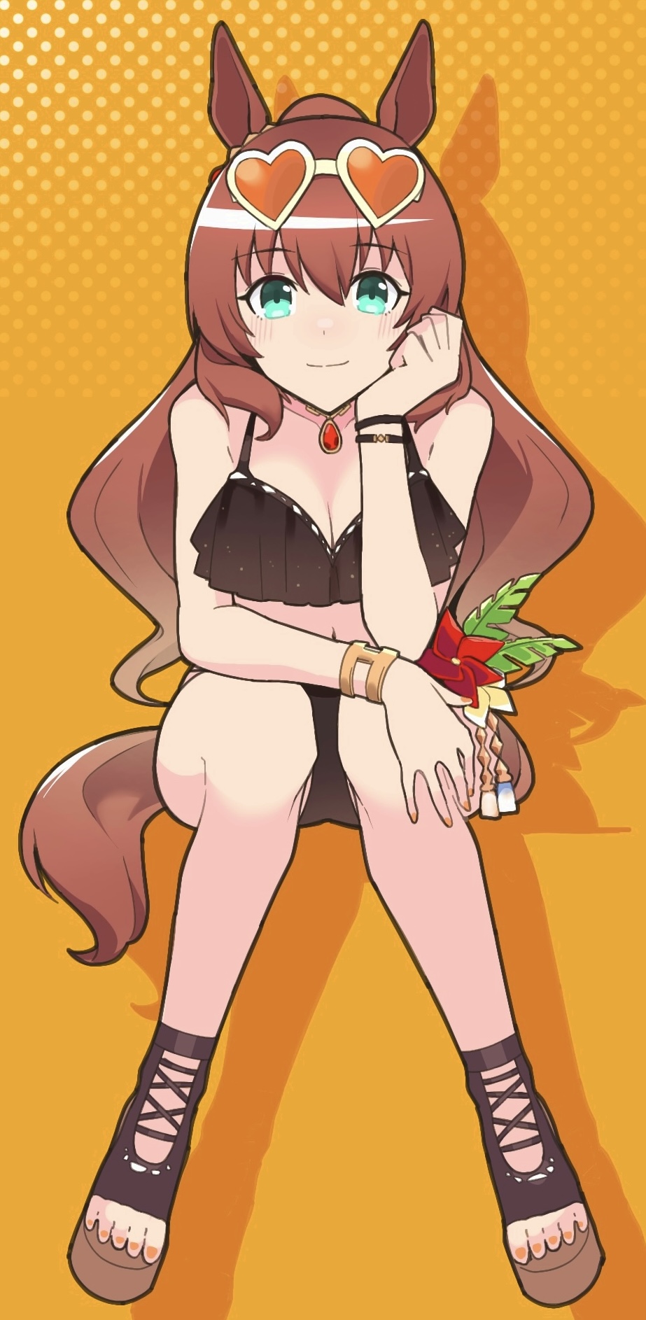 1girl, animal_ears, bare_shoulders, bikini, bracelet, breasts, brown_hair, cleavage