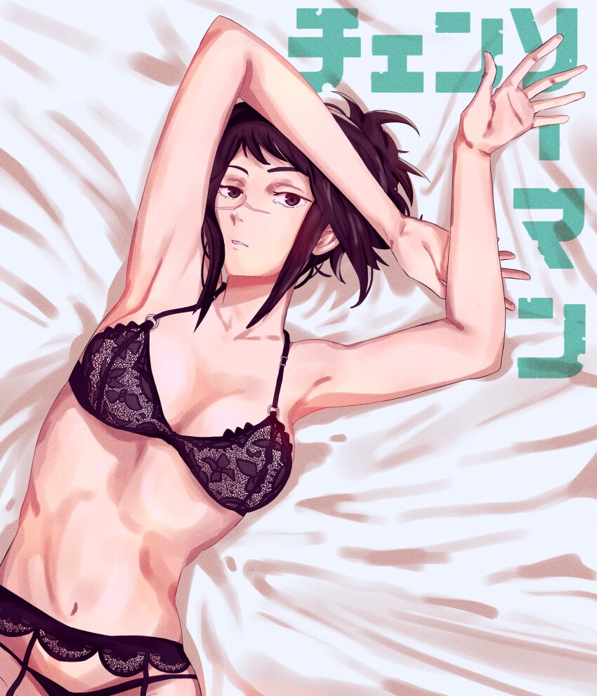 1girl, absurdres, armpits, arms_up, bra, breasts, brown_eyes, brown_hair