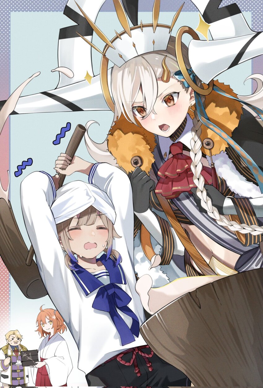 2boys, 2girls, blonde_hair, blush, cape, cloak, fate/grand_order, fate_(series), food, fujimaru_ritsuka_(female), fujimaru_ritsuka_(female)_(new_year's_attire), fur-trimmed_cloak, fur_trim, grey_cape, hakama, hakama_skirt, highres, holding, horns, huge_horns, japanese_clothes, kimono, long_braid, long_hair, long_horns, mallet, marine_nemo_(fate), miko, mochi, mochi_trail, multiple_boys, multiple_girls, navel, nemo_(fate), new_year, olga_marie_animusphere, open_mouth, orange_hair, red_eyes, red_hakama, shunka_tunacan, skirt, turban, u-olga_marie, white_hair, white_kimono, wide_sleeves, yellow_horns