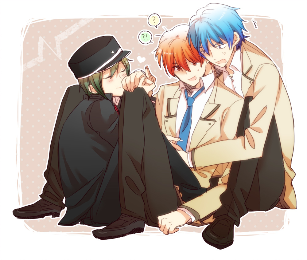 !?, 10s, 3boys, :d, ?, ^^^, angel_beats!, anger_vein, annoyed, back, bad_id, bad_pixiv_id, between_legs, blazer, blue_hair, blue_necktie, blush, closed_eyes, closed_mouth, collared_shirt, confused, full_body, green_hair, hair_between_eyes, half-closed_eyes, happy, hat, heart, heartbeat, hinata_hideki, holding_hands, hug, hug_from_behind, jacket, kiss, kissing_hand, long_sleeves, male_focus, messy_hair, multiple_boys, naoi_ayato, necktie, open_mouth, orange_hair, orionme, otonashi_yuzuru, polka_dot, polka_dot_background, red_eyes, rounded_corners, school_uniform, shirt, shoes, smile, speech_bubble, spoken_question_mark, sweatdrop, wani_(mezo), white_shirt, yaoi