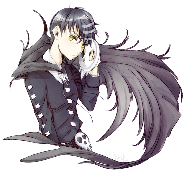 1boy, black_cape, black_hair, black_shirt, cape, death_the_kid, frown, male_focus