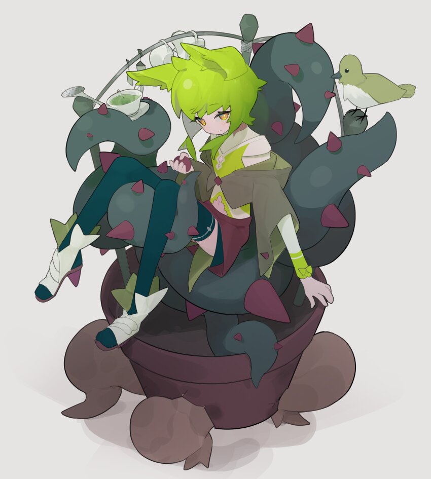 1girl, absurdres, bird, commission, cup, female_focus, flower_pot, green_bird