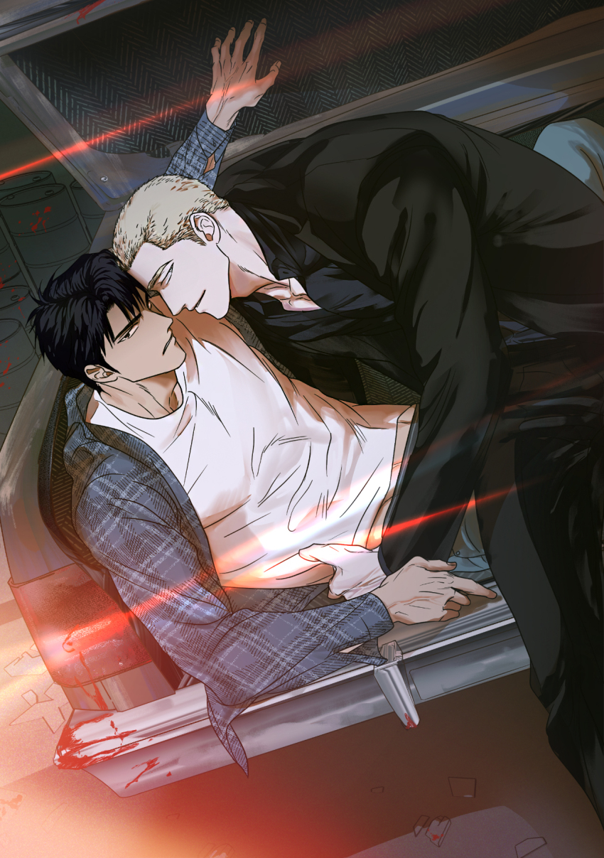 0lkyou, 2boys, black_hair, black_jacket, black_pants, black_suit, blonde_hair, blood, blood_stain, blue_eyes, buzz_cut, car_trunk, collared_shirt, flannel, formal_clothes, frown, highres, jacket, jake_gillian, korean_commentary, looking_at_viewer, male_focus, moon_shingun, multiple_boys, official_art, pants, parted_lips, shirt, short_hair, shutline, sideways_glance, smile, suit, suit_jacket, very_short_hair, white_shirt, yaoi