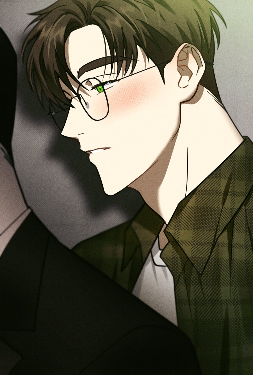 2boys, black-framed_eyewear, blush, brown_hair, cheongsae, flannel, glasses, green_eyes