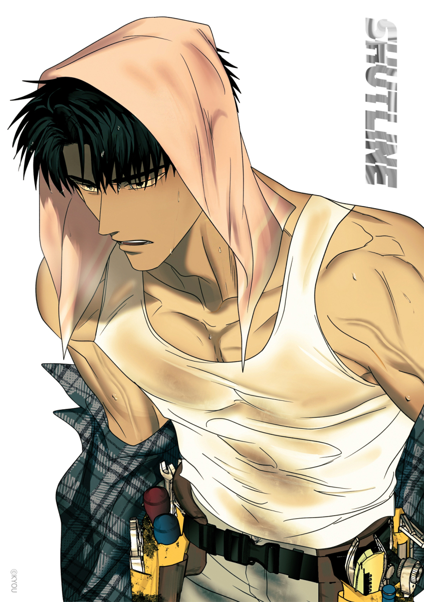 0lkyou, 1boy, artist_name, bare_shoulders, black_eyes, black_hair, copyright_name, denim