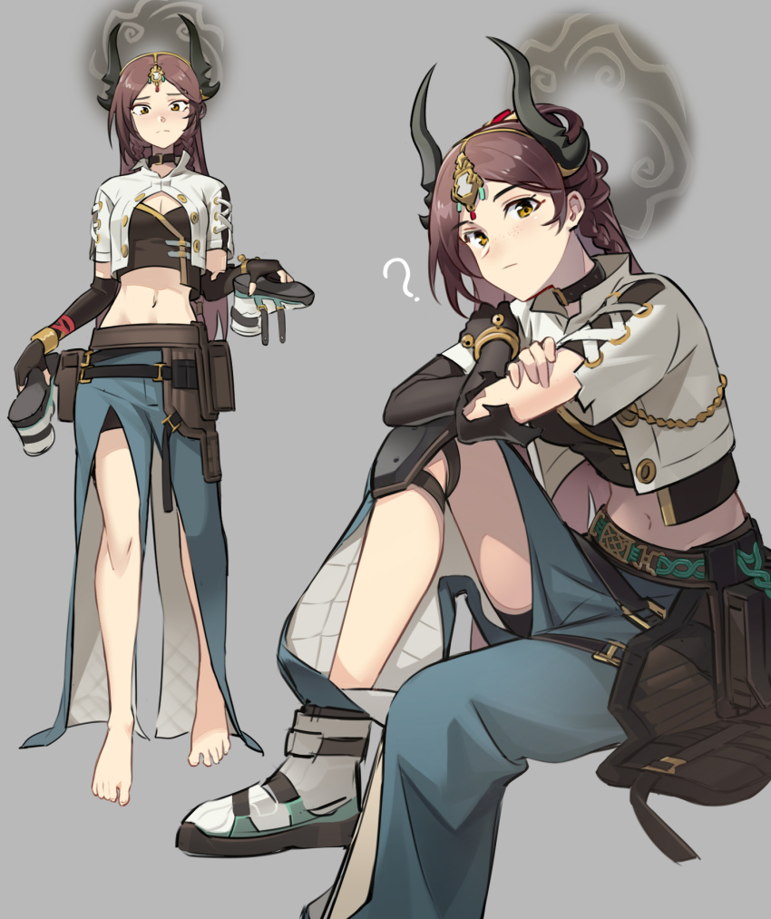 1girl, ?, arknights, barefoot, belt, belt_pouch, black_gloves, blue_pants, blush, bracelet, breasts, brown_hair, cleavage, closed_mouth, crop_top, cropped_jacket, elbow_gloves, fingerless_gloves, forehead_jewel, freckles, gloves, grey_background, halo, highres, holding, holding_shoes, holding_unworn_clothes, horns, jacket, jewelry, jie_yun_(arknights), knee_pads, knee_up, liang_chan_xing_make_tu, long_hair, looking_at_viewer, medium_breasts, multiple_views, navel, open_clothes, open_jacket, pants, parted_bangs, pouch, shoes, short_sleeves, simple_background, sitting, spread_toes, standing, toes, unworn_shoes, very_long_hair, white_jacket, yellow_eyes