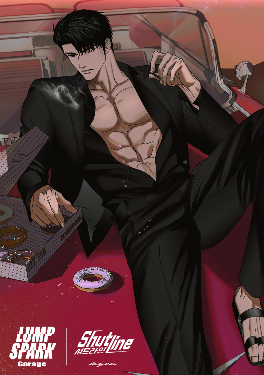 0lkyou, abs, black_eyes, black_footwear, black_hair, black_jacket, black_pants, black_shirt