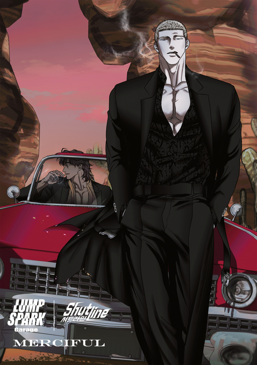 0lkyou, 2boys, black_jacket, black_pants, black_shirt, black_suit, blonde_hair, blue_eyes