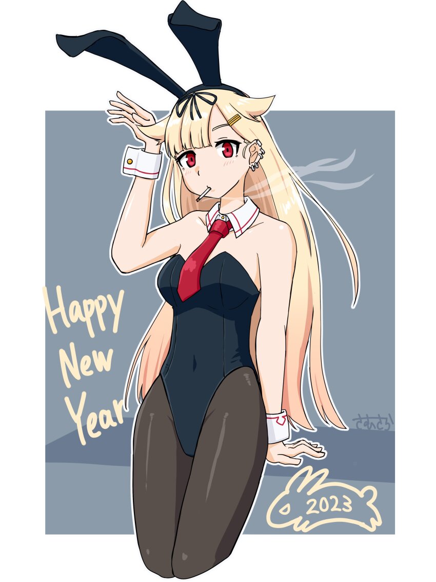 1girl, 2023, absurdres, black_hairband, black_leotard, black_ribbon, blonde_hair, chinese_zodiac, cigarette, covered_navel, detached_collar, ear_piercing, english_text, hair_flaps, hair_ornament, hair_ribbon, hairband, hairclip, highres, kantai_collection, leotard, long_hair, necktie, nontraditional_playboy_bunny, pantyhose, piercing, playboy_bunny, red_eyes, red_necktie, ribbon, samusara, smoking, very_long_hair, year_of_the_rabbit, yuudachi_(kancolle), yuudachi_kai_ni_(kancolle)