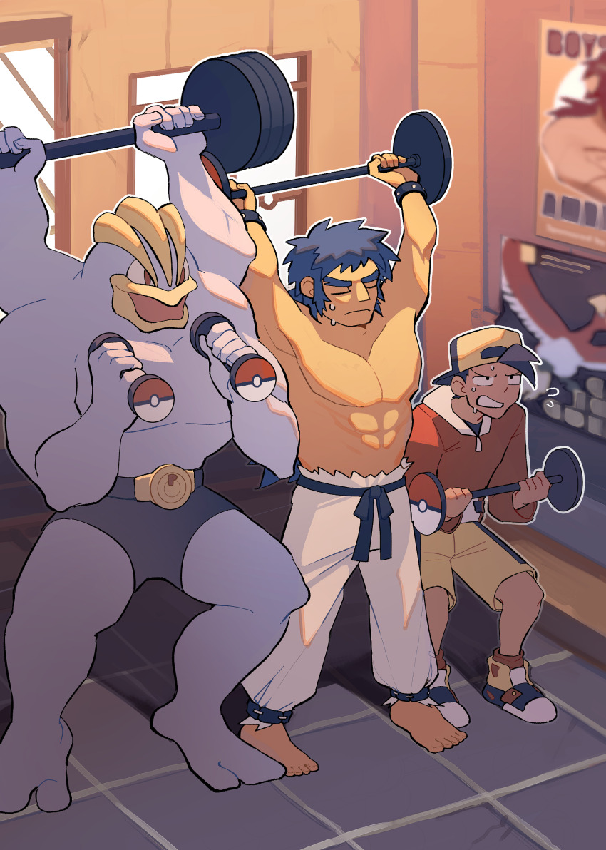 2boys, abs, absurdres, arms_up, backwards_hat, barbell, belt, black_belt, black_hair, bruno_(pokemon), commentary, dumbbell, ethan_(pokemon), flying_sweatdrops, gen_1_pokemon, hat, highres, holding, indoors, jacket, long_sleeves, machamp, male_focus, milaza, multiple_boys, muscular, muscular_male, nintendo, outline, pants, poke_ball_print, pokemon, pokemon_(creature), pokemon_gold/silver/crystal, red_jacket, shoes, short_hair, shorts, squatting, standing, untranslatable_commentary, topless_male, white_footwear, white_pants, yellow_shorts