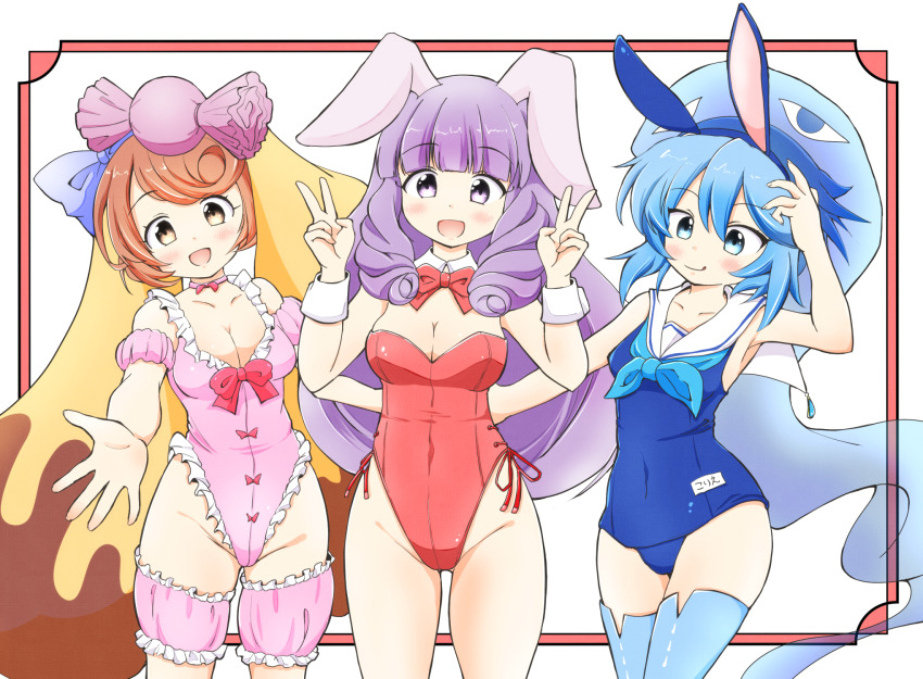 3girls, animal_ear_headwear, animal_ears, blue_hair, blue_neckerchief, blue_one-piece_swimsuit, bow, bowtie, breasts, brown_hair, candy_lapin_(show_by_rock!!), chuchu_(show_by_rock!!), cleavage, collarbone, corriente_(show_by_rock!!), covered_navel, detached_collar, fake_animal_ears, highres, leotard, medium_breasts, multiple_girls, name_tag, neckerchief, old_school_swimsuit, one-piece_swimsuit, pink_leotard, playboy_bunny, purple_hair, rabbit_girl, red_bow, red_leotard, riruru_system, school_swimsuit, show_by_rock!!, small_breasts, swimsuit