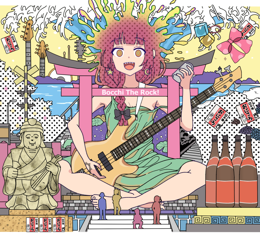 5girls, album_cover_redraw, alcohol, asian_kung-fu_generation, bass_guitar, bocchi_the_rock!, bottle, braid