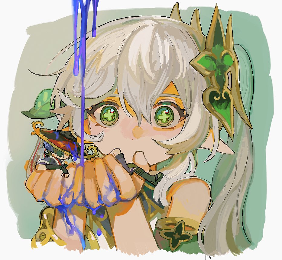 1boy, 1girl, armor, black_hair, blue_hair, detached_sleeves, dress, genshin_impact, green_eyes, green_sleeves, grey_hair, hair_between_eyes, hair_ornament, hat, holding, japanese_armor, jingasa, kote, kurkote, long_hair, nahida_(genshin_impact), pointy_ears, ponytail, scaramouche_(genshin_impact), shima_(vivi_do), side_ponytail, simple_background, slime_(substance)