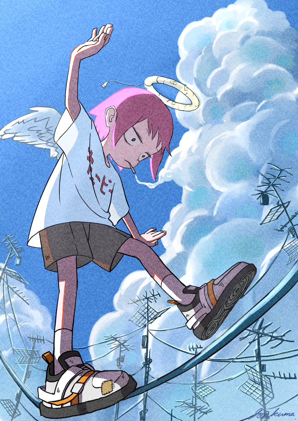 1girl, :/, angel_wings, balancing, blue_sky, broken_halo, character_name, cigarette, cloud, commentary, cumulonimbus_cloud, film_grain, fluorescent_lamp, from_below, green_eyes, halo, highres, jitome, jonkumason, kyuupii-chan_(jonkumason), original, outstretched_arms, pink_hair, power_lines, print_shirt, pull_cord, radio_antenna, shirt, shoes, short_bangs, short_hair, shorts, sidelocks, signature, sky, smoking, sneakers, socks, solo, spread_arms, white_shirt, white_socks, wide-eyed, wings