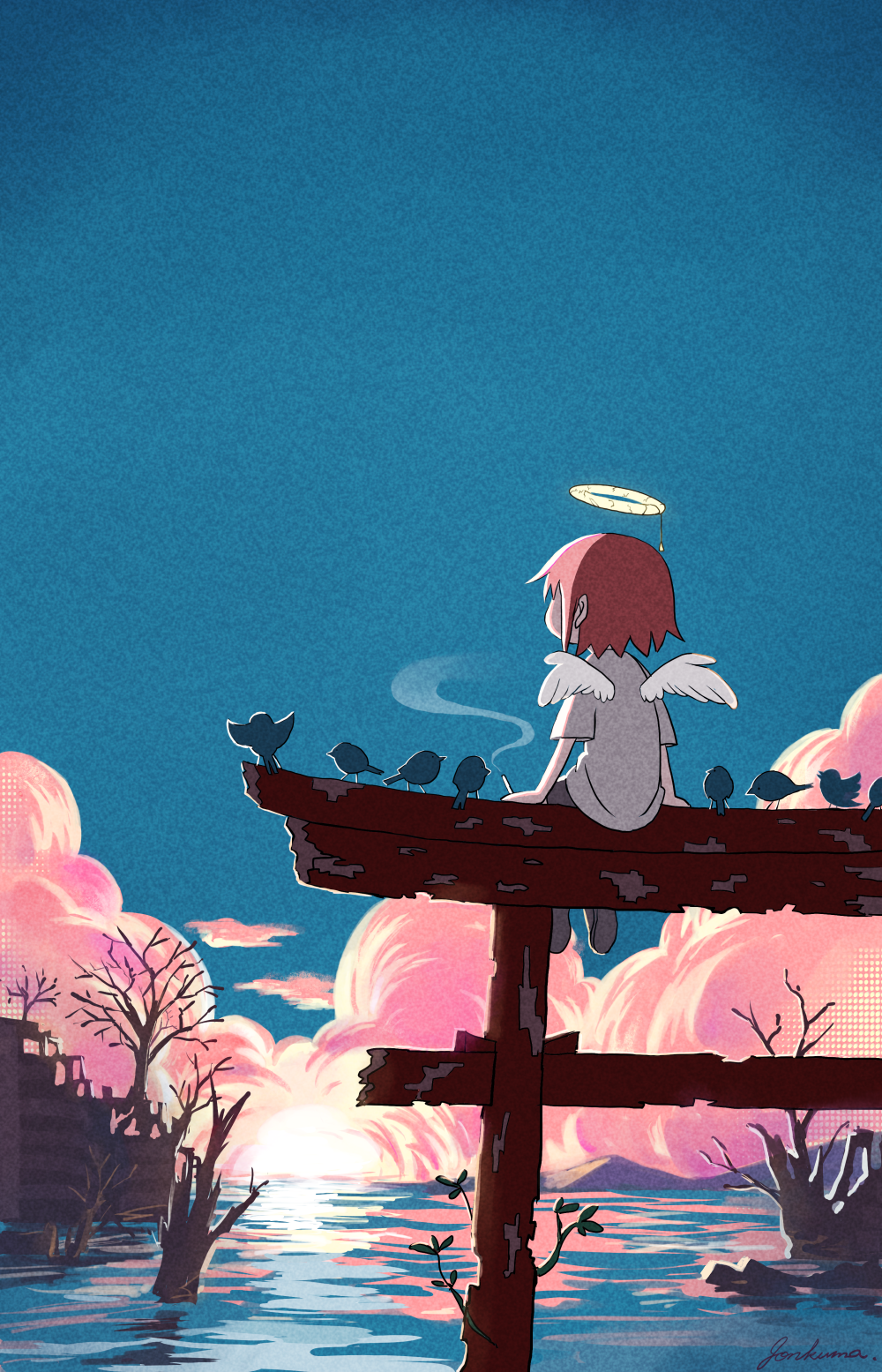 1girl, angel_wings, bare_tree, bird, blue_sky, broken_halo, building, cigarette