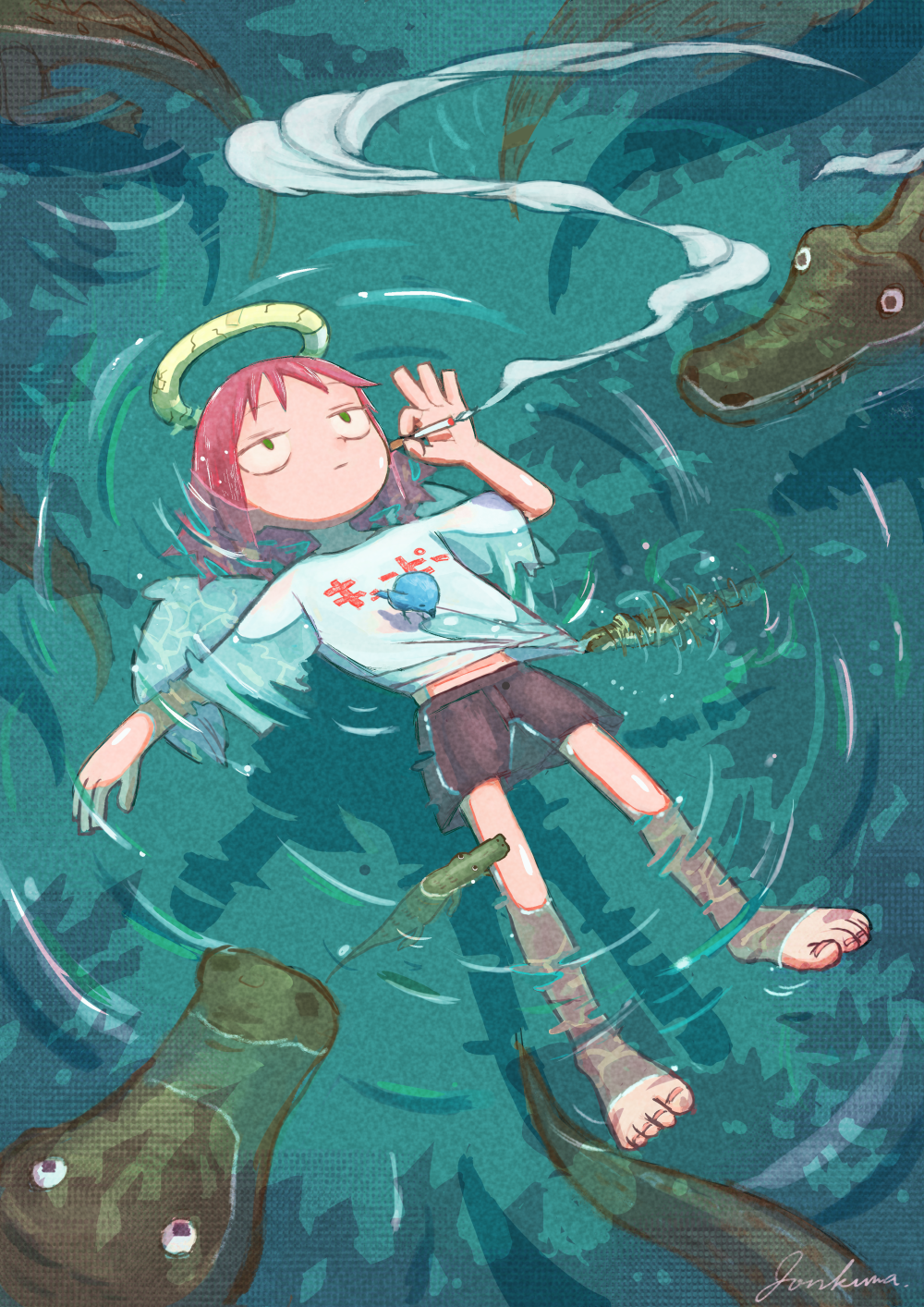 1girl, :|, afloat, alligator, angel_wings, animal, barefoot, bird, biting, broken_halo, character_name, cigarette, closed_mouth, clothes_grab, commentary, crocodilian, day, english_commentary, expressionless, fluorescent_lamp, full_body, green_eyes, halo, highres, holding, holding_cigarette, jitome, jonkumason, kyuupii-chan_(jonkumason), looking_up, original, outdoors, pecking, pond, print_shirt, ripples, shadow, shirt, shorts, signature, smoke, solo, water, white_shirt, wings