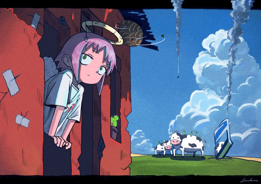 1girl, :/, absurdres, angel_wings, arm_support, black_border, blue_sky, border