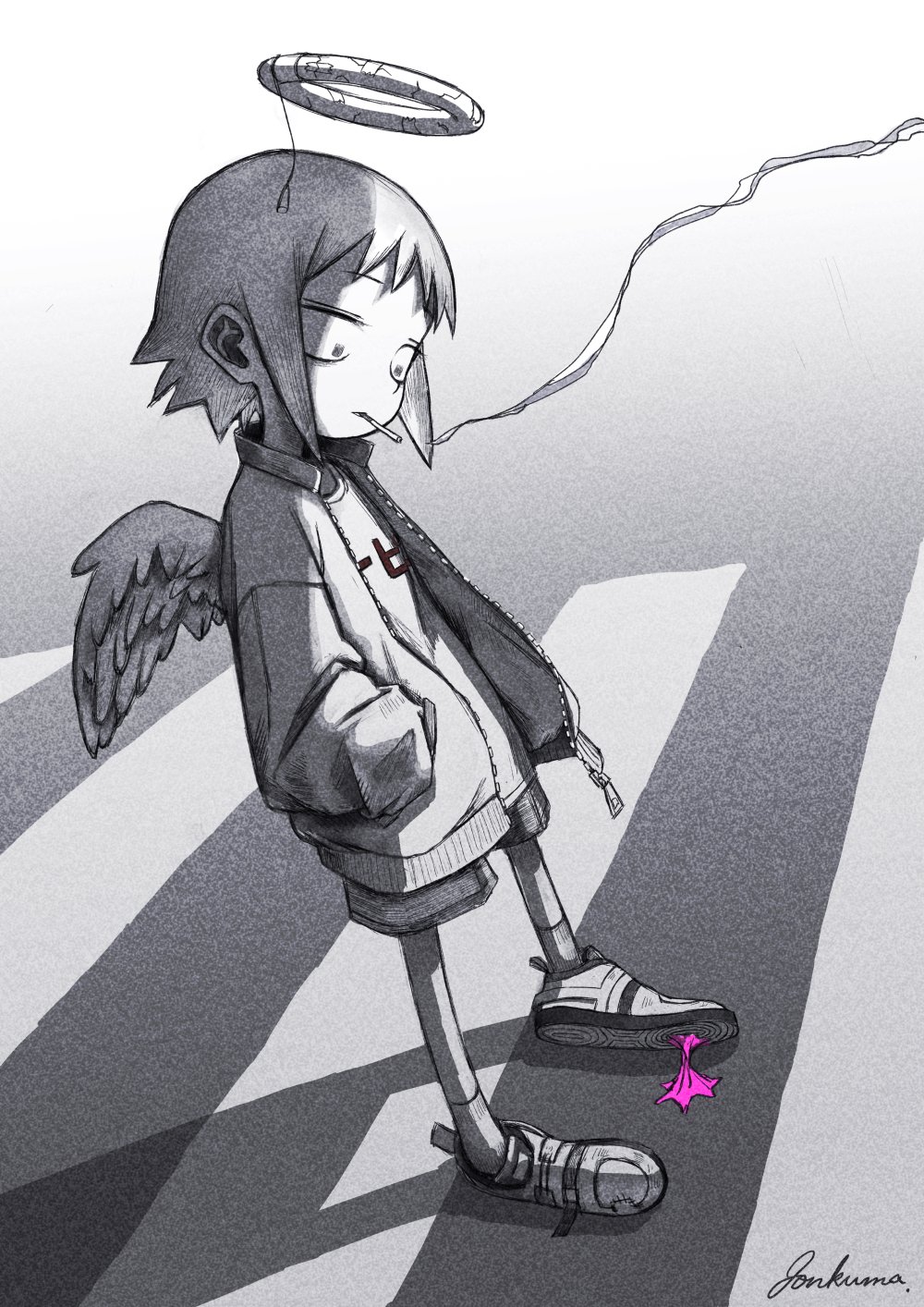 1girl, angel_wings, broken_halo, chewing_gum, cigarette, commentary, crosswalk, english_commentary