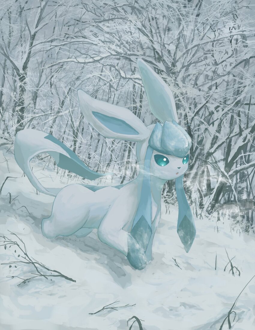 bare_tree, breath, bright_pupils, commentary, gen_4_pokemon, glaceon, green_eyes, grey_theme, highres, nashimochi_4, nintendo, no_humans, outdoors, parted_lips, pokemon, pokemon_(creature), snow, solo, standing, untranslatable_commentary, tree, twitter_username, watermark, white_pupils