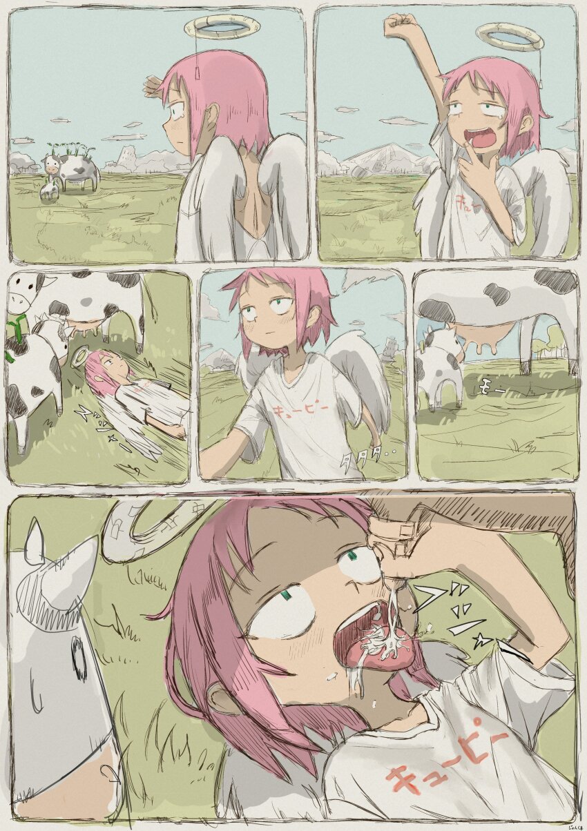 1girl, 6koma, absurdres, angel_wings, arm_up, baby_animal, back_cutout, blue_sky, border, broken_halo, calf_(animal), calves, clothing_cutout, comic, cow, day, drinking, field, fluorescent_lamp, grass, green_eyes, halo, highres, jonkumason, kyuupii-chan_(jonkumason), lying, milk, milking_cow, mountainous_horizon, on_back, on_ground, original, outdoors, pink_hair, print_shirt, pull_cord, ruins, sanpaku, shading_eyes, shirt, short_bangs, short_hair, short_sleeves, sidelocks, silent_comic, sky, sliding, solo, surprised, tearing_up, tongue, tongue_out, udder, upper_body, white_border, white_shirt, wings, yawning
