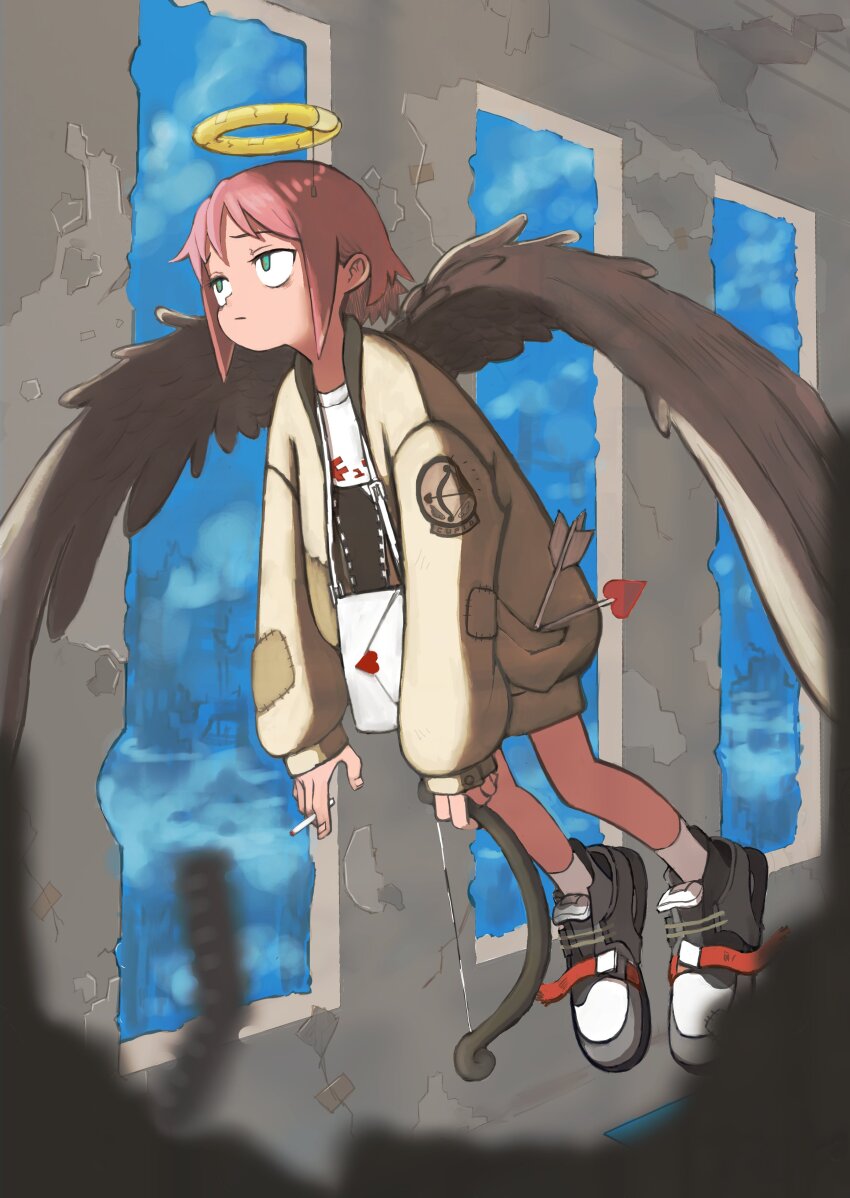 1girl, :/, absurdres, angel_wings, arrow_(projectile), blue_sky, blurry, blurry_foreground