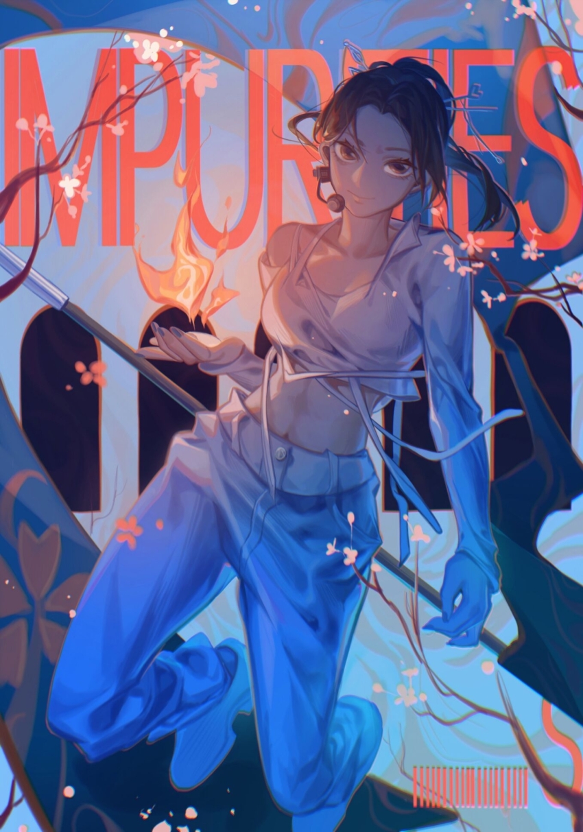 1girl, animification, blue_nails, brown_eyes, brown_hair, collarbone, cropped_shirt, detached_sleeves