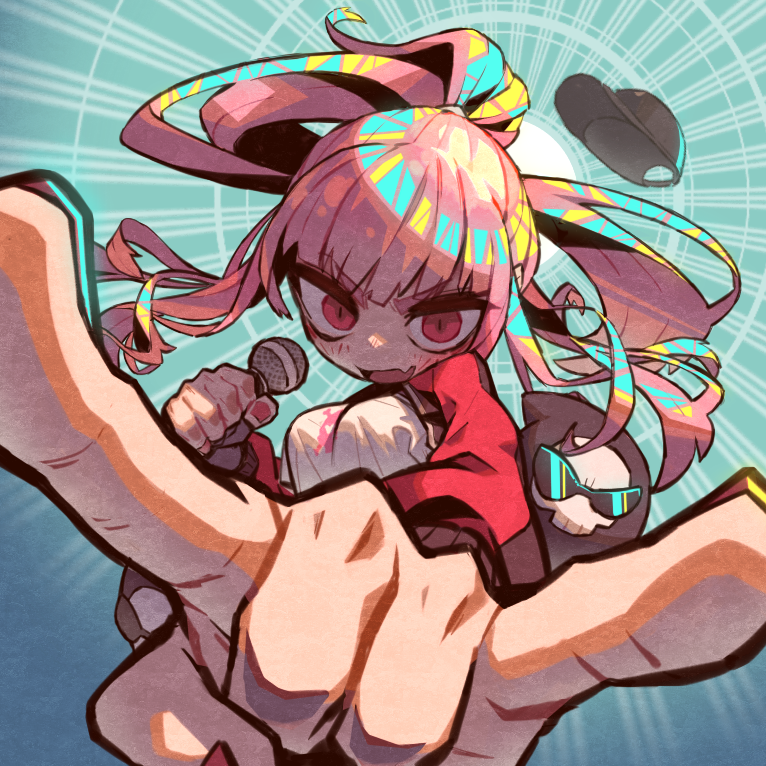 \m/, chibi, foreshortening, holding, holding_microphone, hololive, hololive_english, jacket, kuran472e, long_hair, microphone, mori_calliope, mori_calliope_(streetwear), official_alternate_costume, official_alternate_hairstyle, pink_eyes, ponytail, red_eyes, red_jacket, streetwear, v-shaped_eyebrows, virtual_youtuber