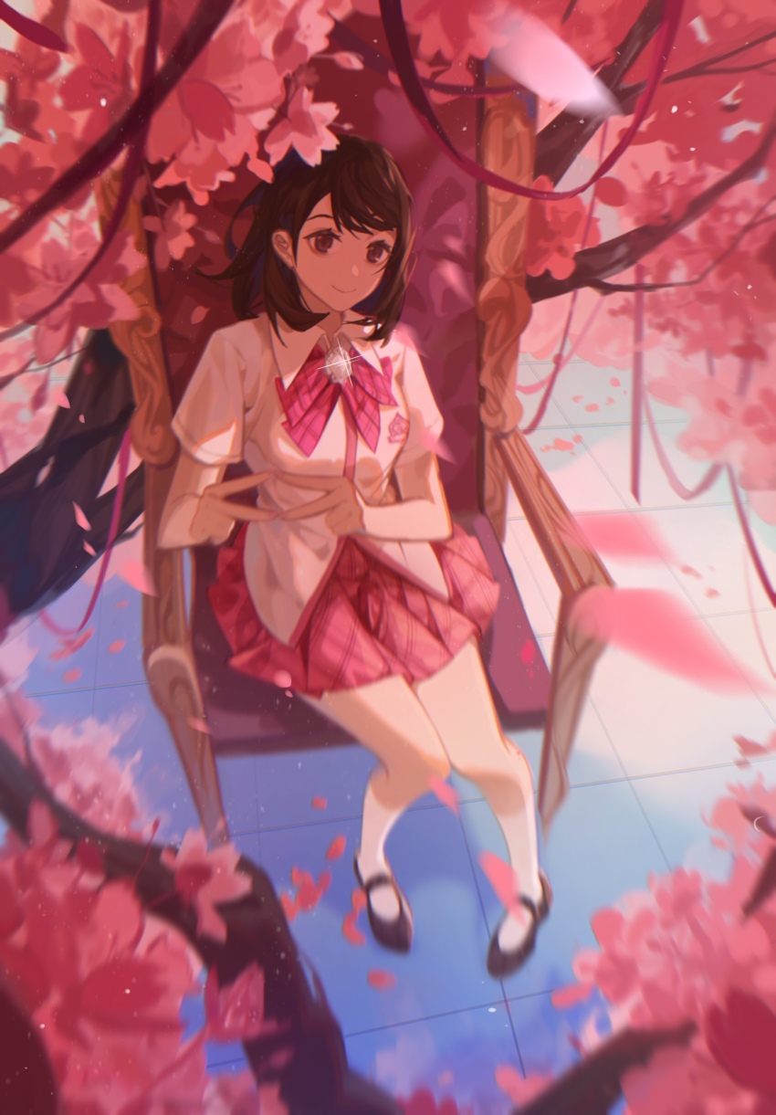 1girl, absurdres, animification, armchair, black_shoes, bow, brown_eyes, brown_hair