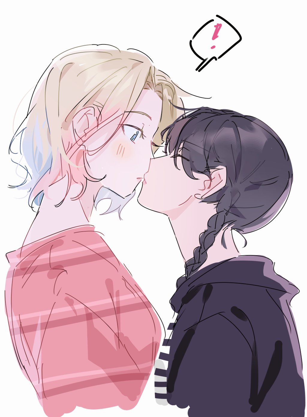 !, 2girls, the_addams_family, animification, black_hair, blonde_hair, blue_eyes, blue_hair, bluish_gray_cat, blush, closed_eyes, enid_sinclair, eyes_visible_through_hair, highres, imminent_kiss, looking_at_another, multicolored_hair, multiple_girls, pink_hair, short_hair, simple_background, spoken_exclamation_mark, wednesday_(netflix), wednesday_addams, white_background, yuri