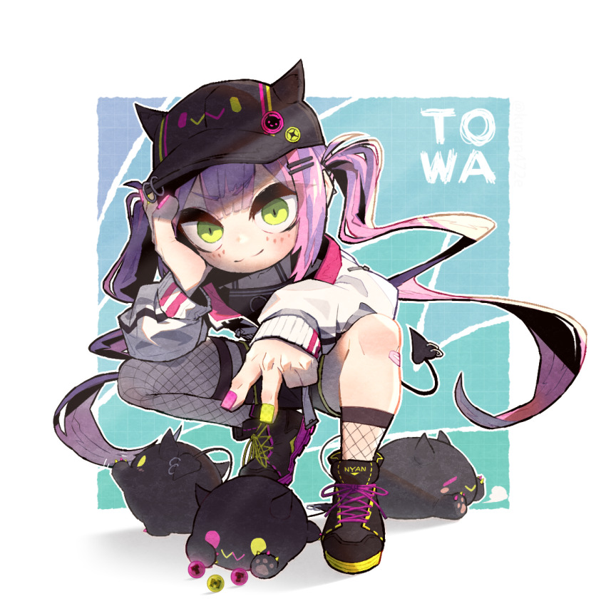 >:), 1girl, asymmetrical_legwear, baseball_cap, bibi_(tokoyami_towa), black_footwear, black_headwear, black_shorts