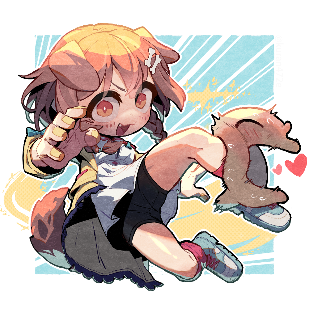 1girl, animal_ears, blush, bone_hair_ornament, braid, brown_eyes, brown_hair, chibi