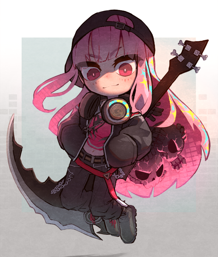 1girl, baseball_cap, bass_guitar, black_jacket, black_pants, blunt_bangs, chibi, closed_mouth