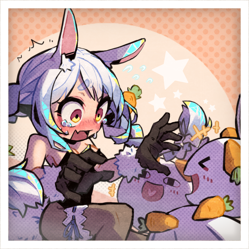 1girl, animal_ears, black_gloves, black_pantyhose, blue_hair, braid, chibi, commentary