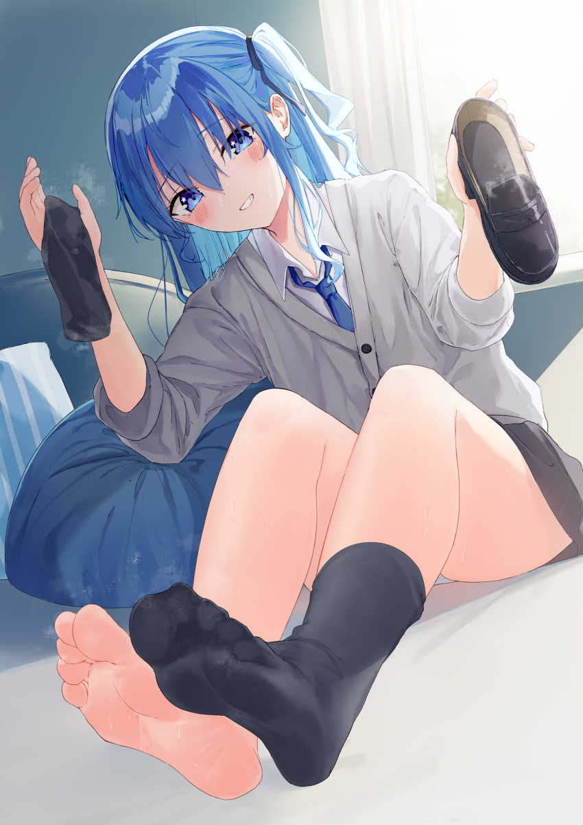1girl, absurdres, barefoot, black_shoes, black_socks, blue_eyes, blue_hair, blue_necktie, blue_socks, blush, cardigan, collared_shirt, feet, foot_focus, full_body, grey_cardigan, grin, hair_between_eyes, highres, holding, holding_legwear, holding_shoes, holding_unworn_clothes, hololive, hoshimachi_suisei, indoors, insole, kou_futoshi, legs, long_hair, looking_at_viewer, necktie, no_shoes, shirt, shoes, single_sock, sitting, skirt, smell, smile, socks, soles, soles_of_feet_in_socks, solo, sweat, toes, toes_visible_through_clothing, unworn_shoes, virtual_youtuber, white_shirt