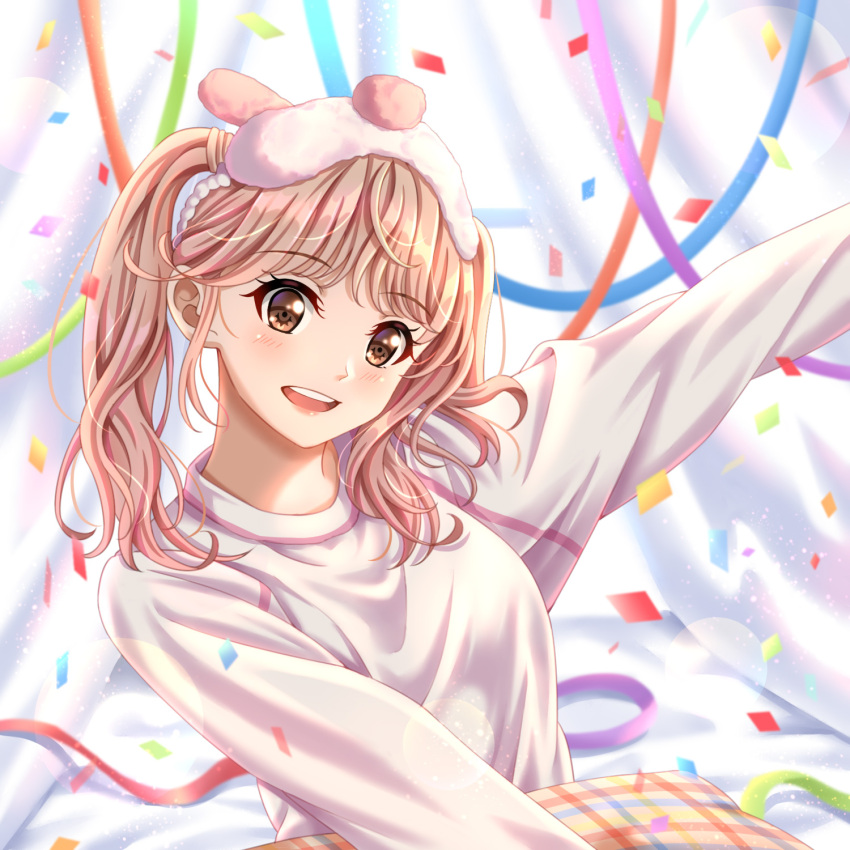 1girl, animification, blush, brown_eyes, brown_hair, chinese_commentary, confetti, hair_behind_ear