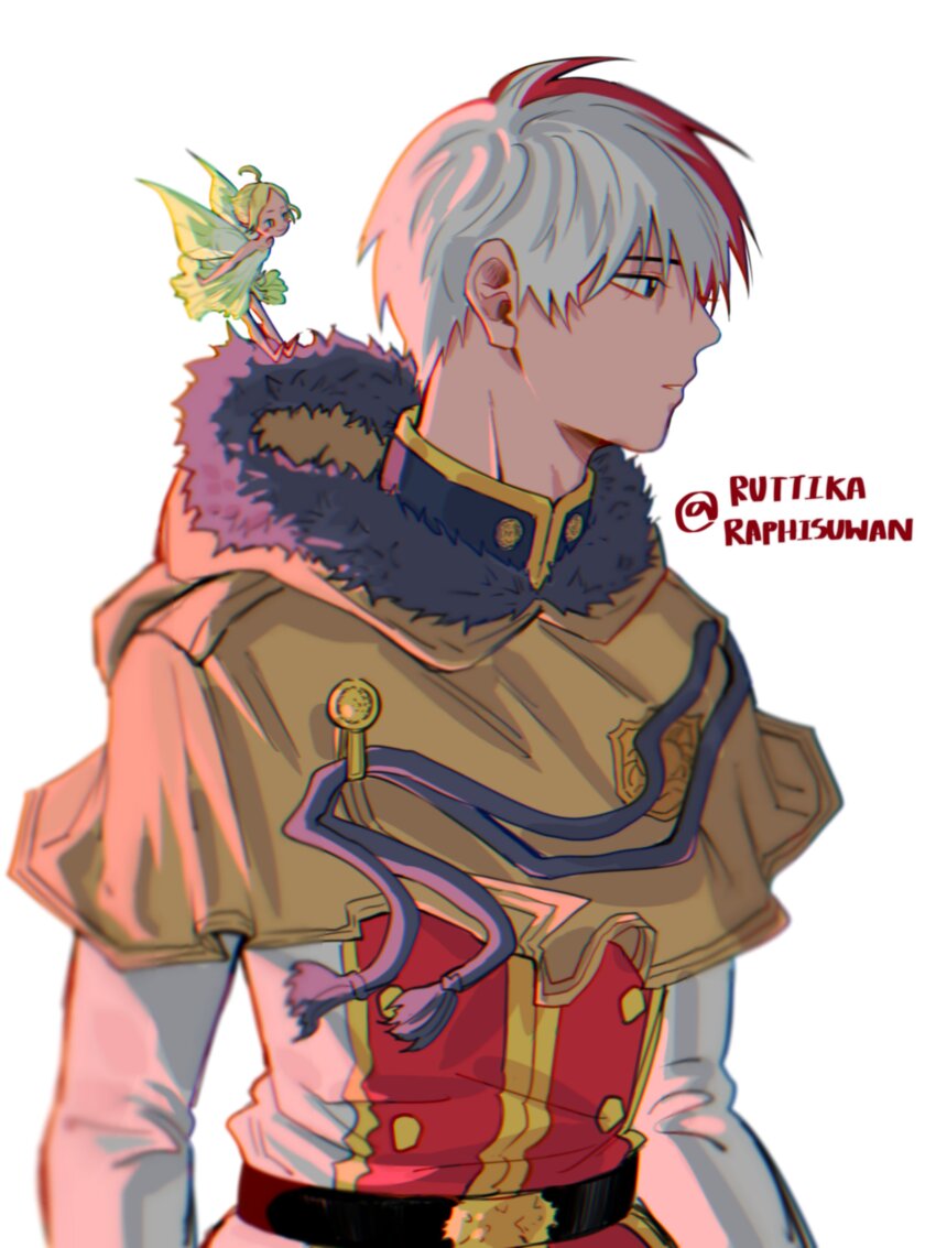 1boy, 1girl, absurdres, ahoge, bell_(black_clover), belt, black_clover, boku_no_hero_academia, buttons, capelet, cosplay, dress, fairy, fairy_wings, fur-trimmed_capelet, fur_trim, golden_dawn_(emblem), green_dress, green_hair, hair_between_eyes, highres, hood, hooded_capelet, long_sleeves, looking_away, male_focus, multicolored_hair, parted_bangs, red_hair, ruttika_shin, short_hair, simple_background, todoroki_shoto, twitter_username, uniform, white_background, white_hair, wings, yellow_capelet, yuno_(black_clover), yuno_(black_clover)_(cosplay)