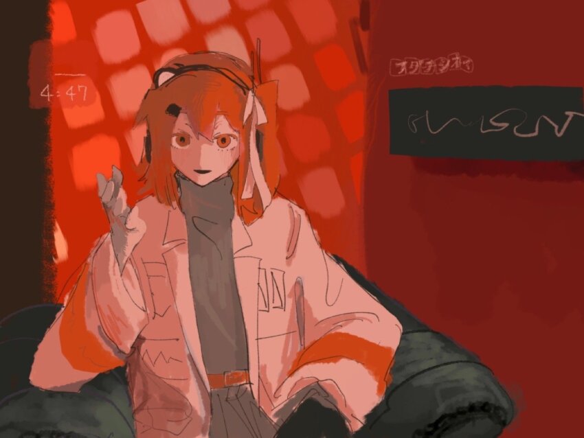 1girl, a.i._voice, adachi_rei, belt, black_mouth, black_shirt, chair, empty_eyes