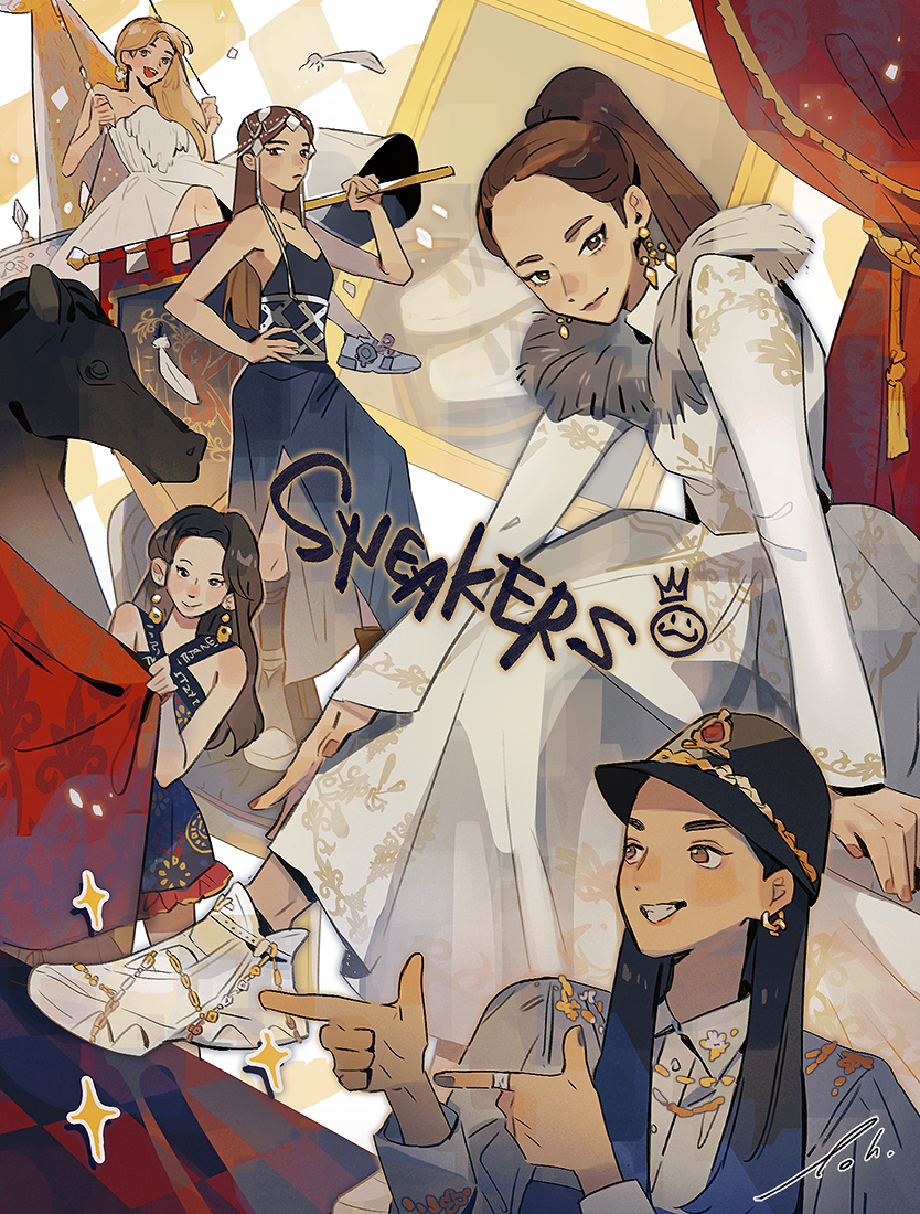 5girls, animification, black_dress, black_headwear, blonde_hair, blue_shirt, brown_hair, bucket_hat