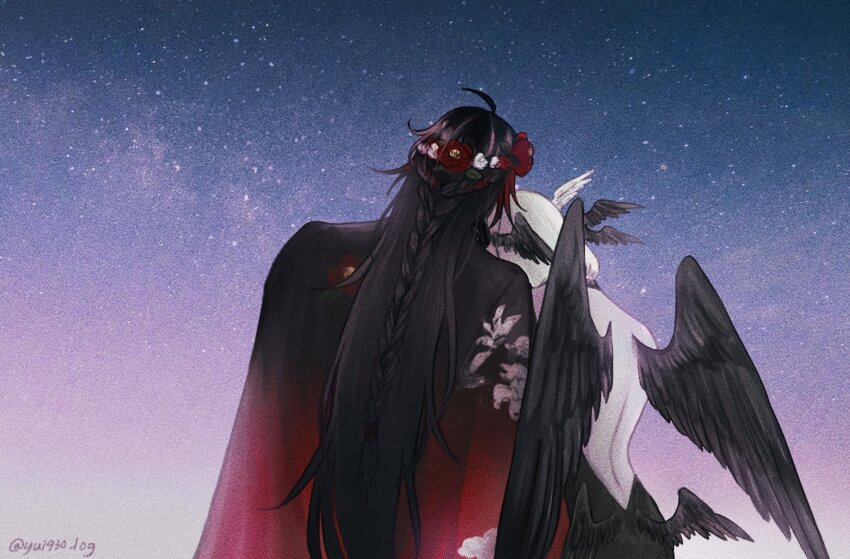 1boy, 1girl, ahoge, backless_dress, backless_outfit, black_hair, black_wings, braid