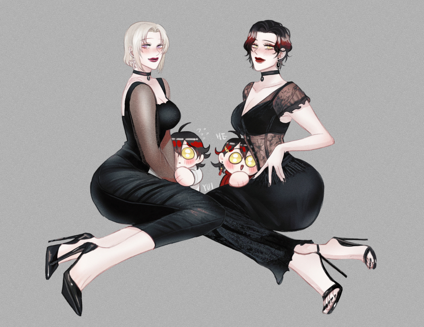 2boys, 2girls, black_choker, black_dress, black_hair, black_nails, breasts, chibi