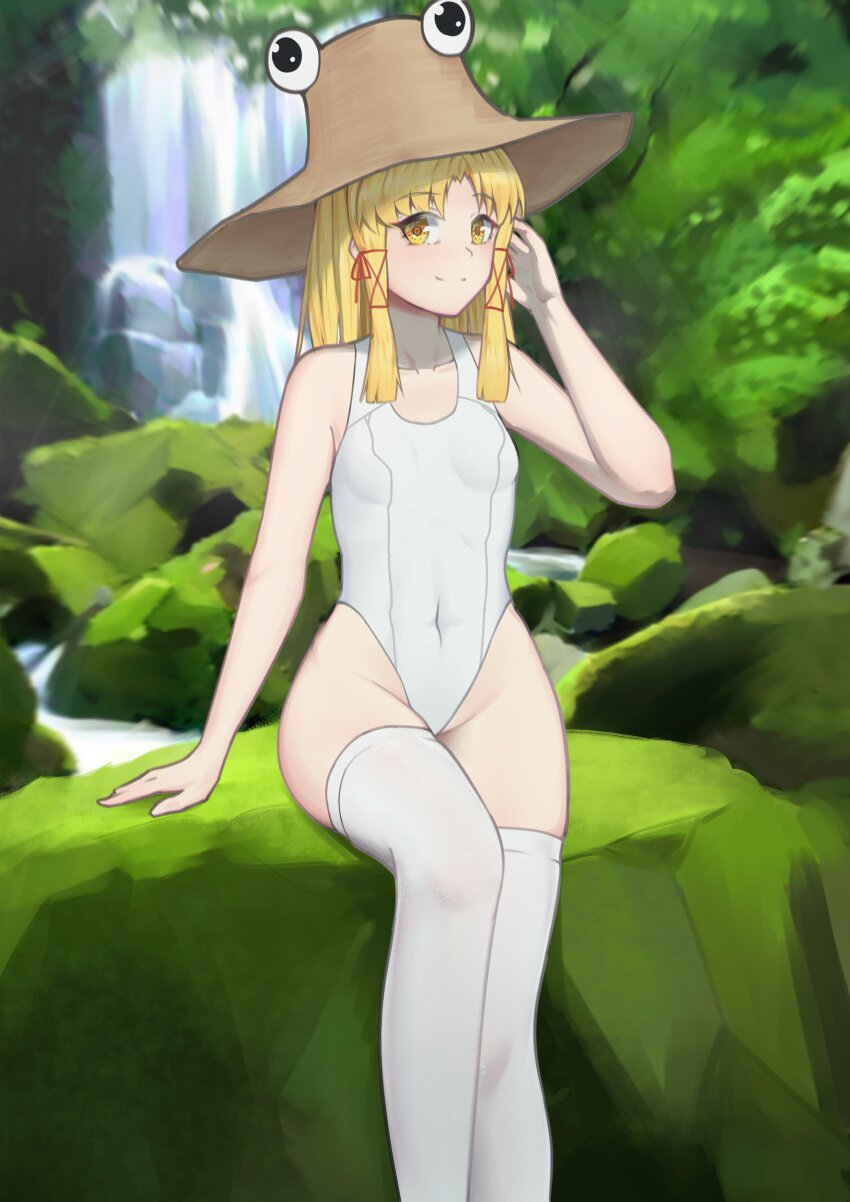 1girl, absurdres, bare_arms, bare_hips, bare_shoulders, blonde_hair, blunt_ends, breasts