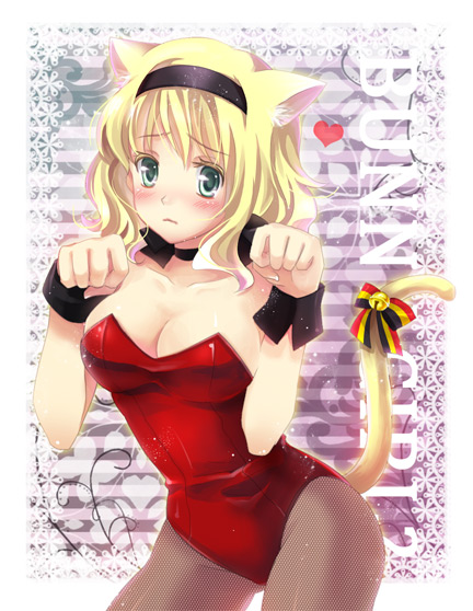 1girl, animal_ears, axis_powers_hetalia, bad_id, bad_pixiv_id, blonde_hair, cat_ears, cat_tail, female_focus, green_eyes, kittysuit, leotard, momoko_(momoko14), momoko_(pixiv), nontraditional_playboy_bunny, pantyhose, paw_pose, short_hair, solo, tail, wrist_cuffs
