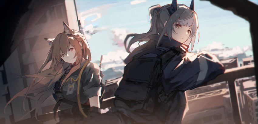 2girls, animal_ears, arknights, backpack, bag, black_gloves, black_jacket, blue_sky