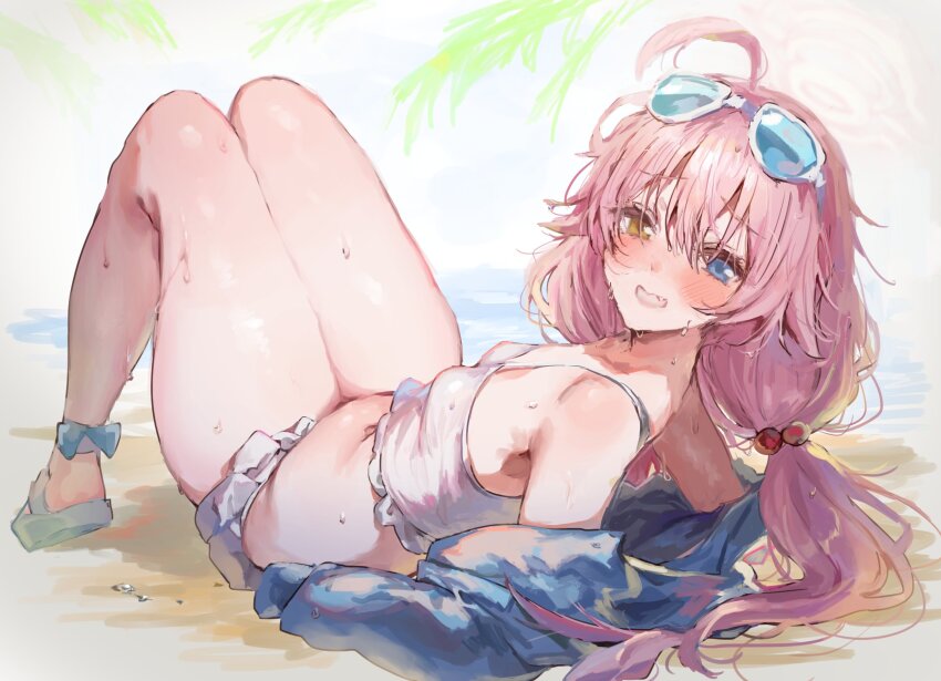 1girl, ahoge, bikini, blue_archive, blue_eyes, blue_sandals, blush, breasts