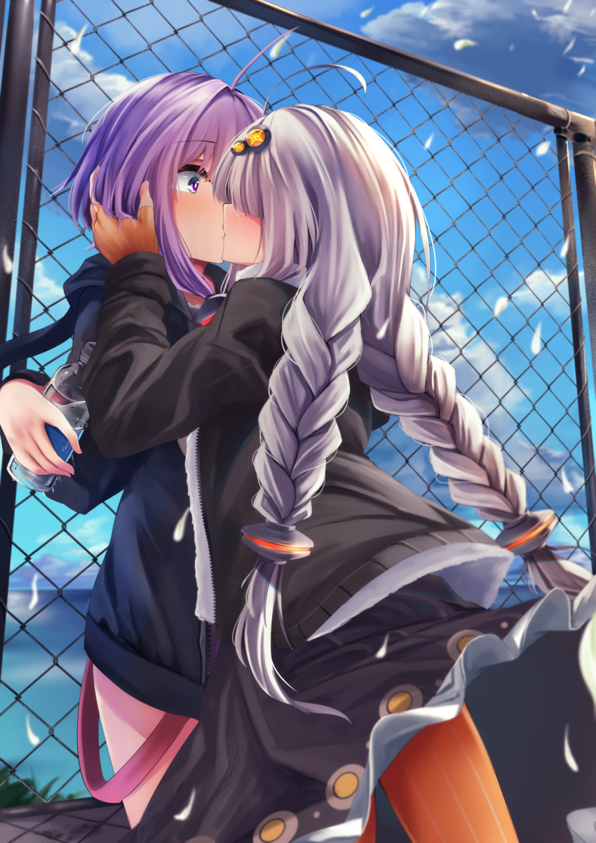 2girls, ahoge, black_dress, black_jacket, blue_sky, bottle, braid, chain-link_fence