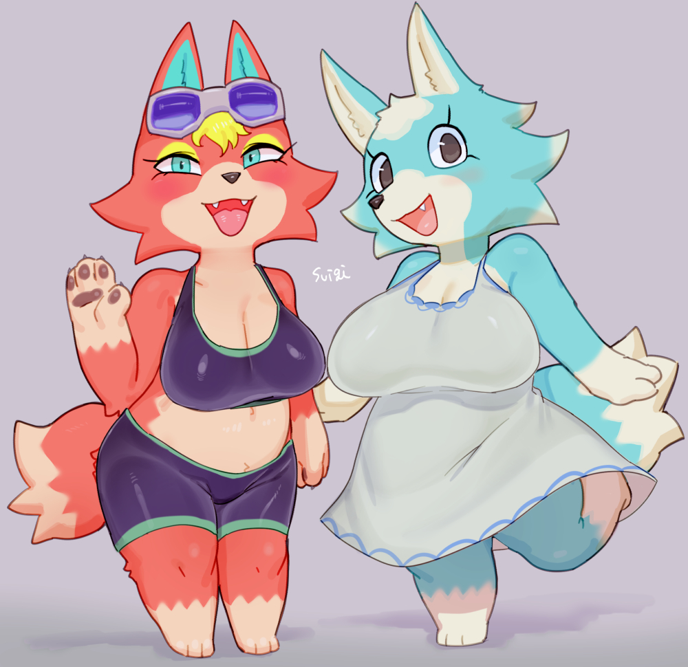 2girls, animal_crossing, audie_(animal_crossing), blue_eyes, blue_fur, blush_stickers, breasts, cleavage, dress, eyeshadow, furry, furry_female, large_breasts, makeup, multicolored_fur, multiple_girls, nintendo, orange_fur, plump, shorts, skye_(animal_crossing), sports_bra, suigi, tail, wolf_girl, yellow_eyeshadow, yellow_fur