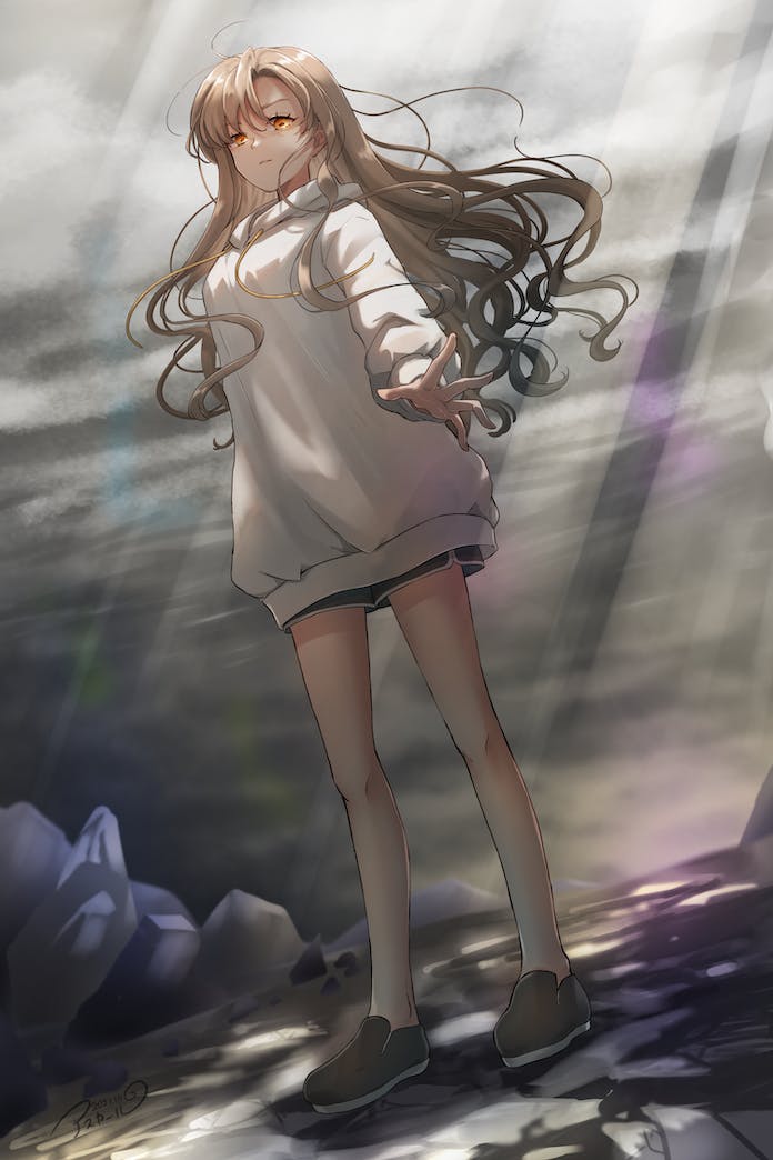 1girl, arm_at_side, asukaru_(magika_ru), black_shoes, black_shorts, cloud, cloudy_sky, dolphin_shorts, drawstring, dutch_angle, from_below, full_body, grey_background, grey_sky, hood, hood_down, hoodie, kiriha_kosane, light_brown_hair, long_hair, long_hoodie, long_sleeves, looking_at_viewer, mahou_shoujo_madoka_magica, null_mahou_shoujo, parted_lips, reaching, reaching_towards_viewer, rock, shoes, shorts, signature, sky, solo, standing, wavy_hair, white_hoodie, yellow_eyes, zipper_footwear