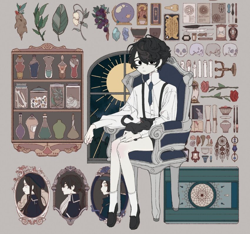 1boy, :|, animal, animal_on_lap, bags_under_eyes, basket, black_cat, black_eyes, black_hair, black_shoes, black_shorts, blue_necktie, blueberry, bone, book, bottle, candle, candlestand, card, cat, chair, closed_mouth, commentary_request, crystal, crystal_ball, dreamcatcher, dress_shirt, empty_eyes, eogo_(mopidona), equipment_layout, eyeball, flower, food, fruit, full_body, grey_background, hair_between_eyes, herb, hourglass, inkwell, jar, kneepits, knife, korean_commentary, lantern, leaf, lily_of_the_valley, loafers, looking_at_viewer, magic_circle, male_focus, mandrake, mole, mole_under_eye, mushroom, necktie, on_lap, open_book, original, ouija, paintbrush, pale_skin, picture_frame, plate, portrait_(object), potion, quill, red_flower, red_rose, rose, scroll, seashell, shelf, shell, shirt, shoes, short_hair, shorts, simple_background, sitting, skull, socks, solo, sun_symbol, suspenders, swept_bangs, vat, white_shirt, white_socks, window, wood_carving_tool
