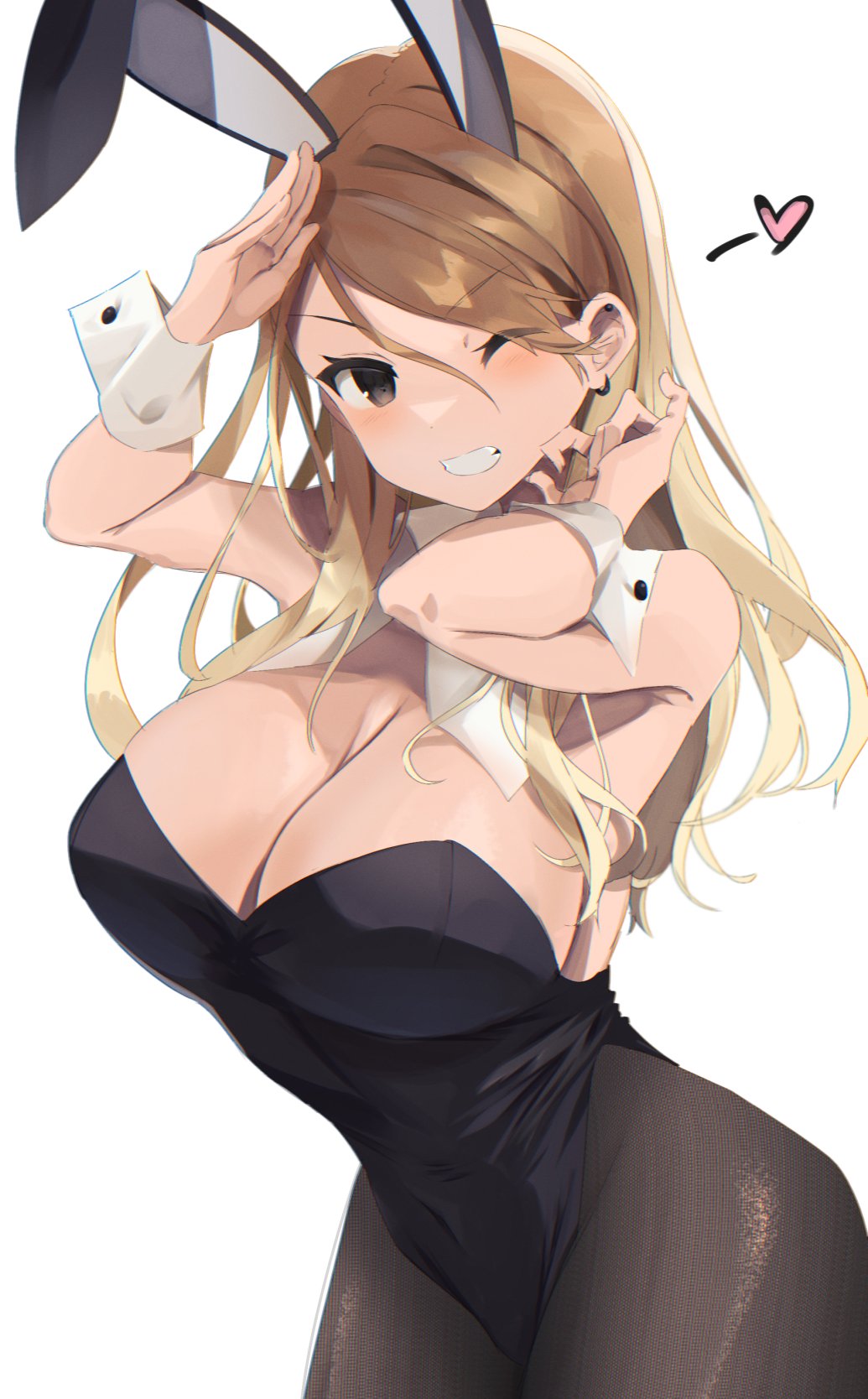 1girl, ;d, animal_ears, armpits, black_leotard, black_pantyhose, blush, breasts