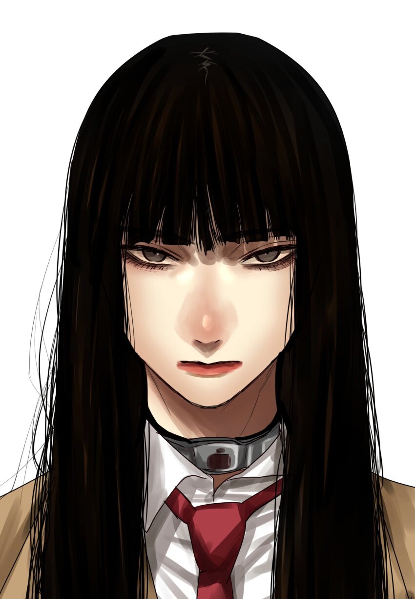 1girl, battle_royale, black_hair, blunt_bangs, brown_eyes, brown_jacket, chigusa_takako, closed_mouth, collared_shirt, gunjyou_(gunjyou_00), highres, jacket, long_hair, looking_at_viewer, necktie, portrait, red_necktie, shirt, simple_background, solo, white_background, white_shirt, wing_collar